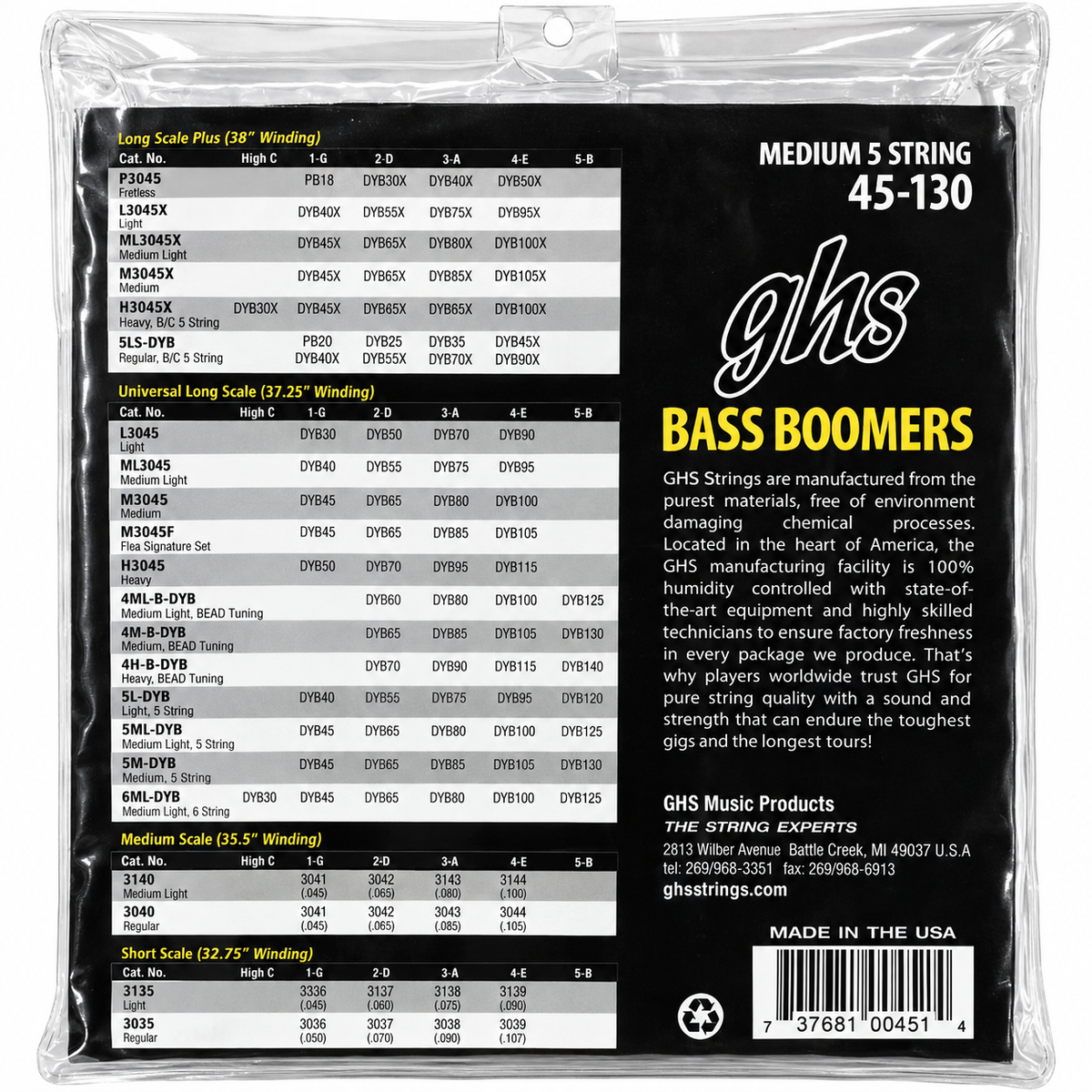 New: GHS Bass Boomers 5-String Bass Strings – Medium 45–130