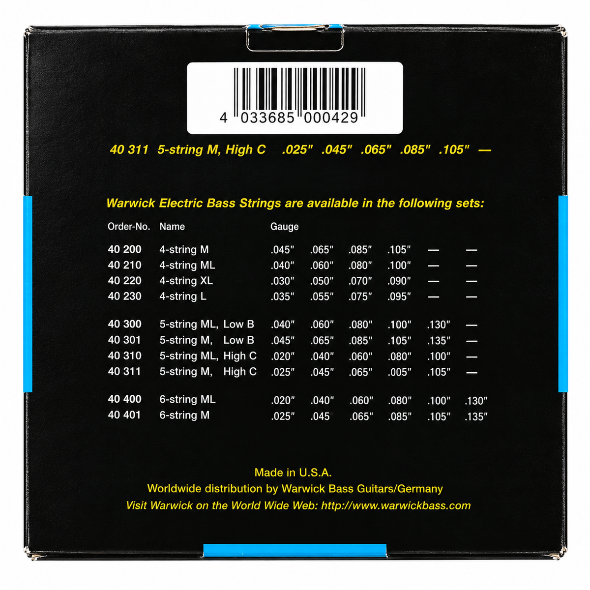 New: Warwick Black Label 5-String Bass Strings – Stainless Steel .025–.105